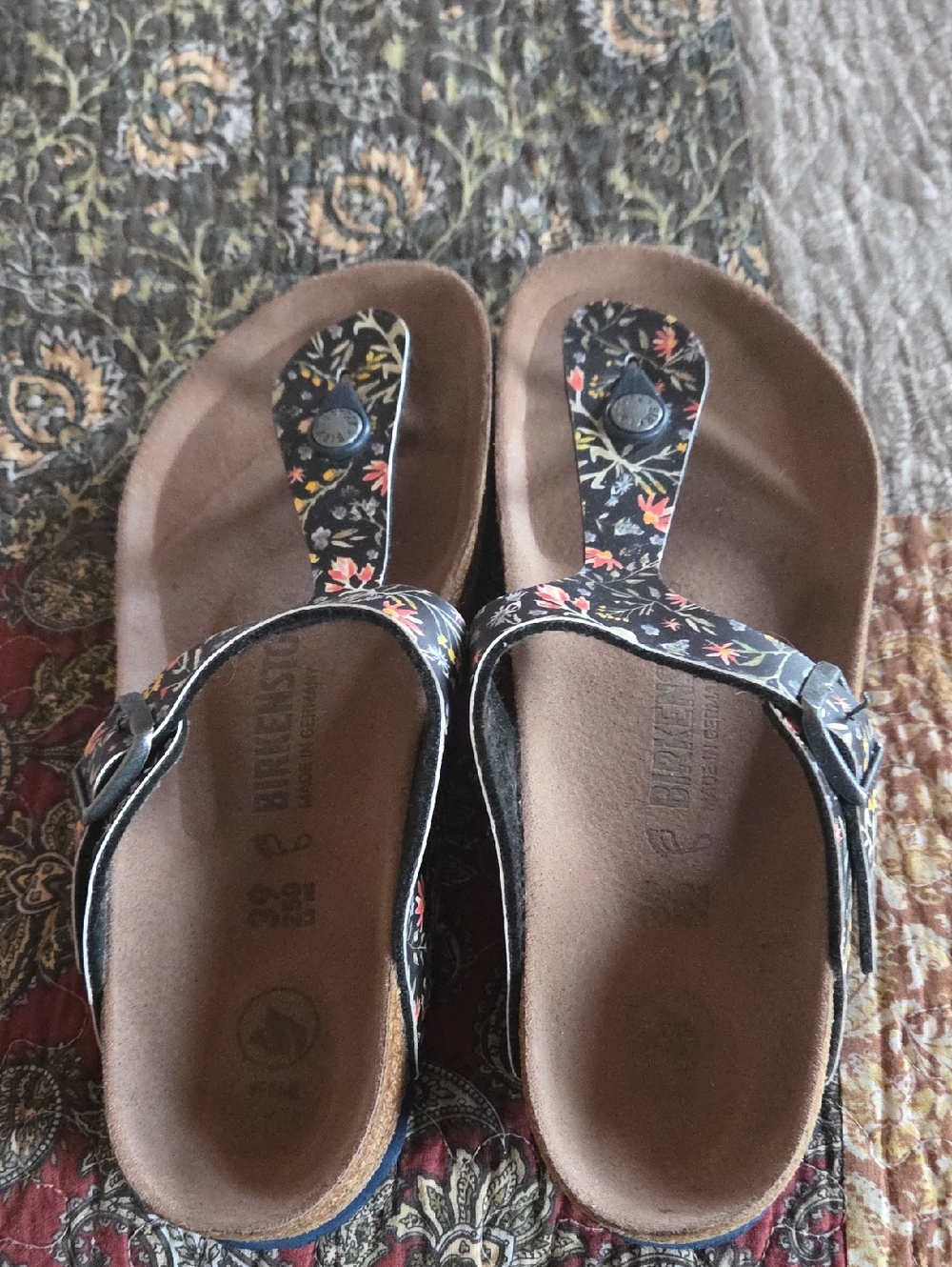 Birkenstock Floral Black Thong Sandals with Multicolor Print